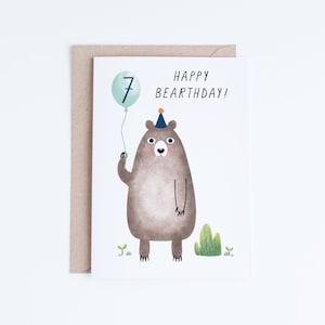 Cartoline stampabili per il 7° compleanno per ragazzi, Download istantaneo della carta Happy Bearthday, 7 orsetto di compleanno, cartoline digitali del settimo, Bambini, Bambini