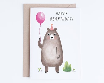 Printable Kids Birthday Cards, Girls Birthday Cards Instant Download, Niece Digital Card, Pink Birthday Bear Card, Childrens Illustration