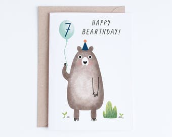 Printable 7th Birthday Cards for Boys, Happy Bearthday Card Instant Download, 7 Birthday Bear, Seventh Digital Cards, Kids, Children