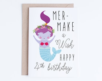 Printable Mermaid Birthday Cards, Girls 4th Birthday Cards Instant Download, Kawaii Fourth Birthday, Cute Mermaid Illustration, Wish, 4