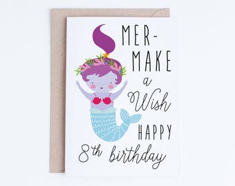 Printable Mermaid Birthday Cards, Girls 8th Birthday Cards Instant Download, Kawaii Eighth Birthday, Cute Mermaid Illustration, Wish, 8