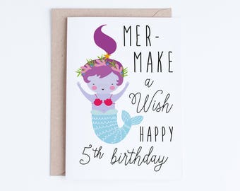 Printable Mermaid Birthday Cards, Girls 5th Birthday Cards Instant Download, Kawaii Fifth Birthday, Cute Mermaid Illustration, Wish, 5