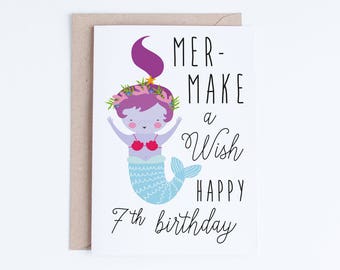 Printable Mermaid Birthday Cards, Girls 7th Birthday Cards Instant Download, Kawaii Seventh Birthday, Cute Mermaid Illustration, Wish, 7