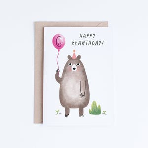 Printable 6th Birthday Cards, Girls Sixth Birthday Cards Instant Download, 6 Birthday Niece Digital Card, Pink Bear Card, Illustration