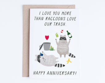 Printable Anniversary Cards, Instant Download Funny Anniversary Cards, For Boyfriend, Girlfriend, Husband, Wife, Raccoons Illustration