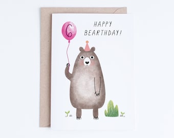 Printable 6th Birthday Cards, Girls Sixth Birthday Cards Instant Download, 6 Birthday Niece Digital Card, Pink Bear Card, Illustration