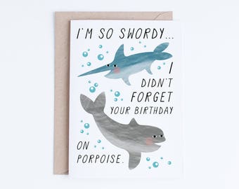 Belated Printable Birthday Cards, Funny Late Birthday Cards Instant Download, Porpoise Illustration, For Her, For Him, For Friend, Fish
