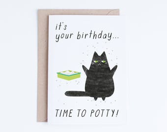 Printable Birthday Cards, Instant Download Funny Cat Birthday Cards, Black Cat Illustration, For Her, For Him, For Friend, Cat Lovers