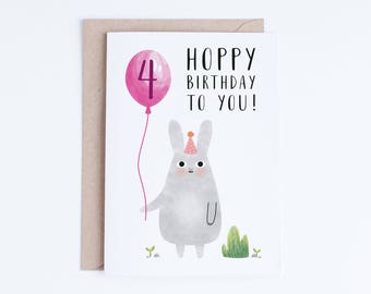 Printable 4th Birthday Cards, Girls Fourth Birthday Card Instant Download, 4 Birthday Bunny Digital Cards for Niece, Granddaughter, Four