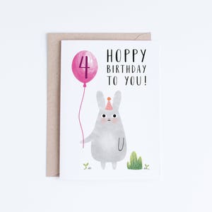 Cartões de 4º aniversário para impressão, cartão de quarto aniversário para meninas, download instantâneo, cartões digitais de coelhinho de 4 aniversários para sobrinha, neta, quatro