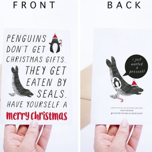 Tarjetas de Navidad divertidas Descarga instantánea, Ilustración navideña de humor negro, Tarjeta imprimible de pingüino, Para ella, Para él, Para amigo, Sello