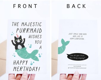 Cat Mermaid, Printable Birthday Cards, Funny Tuxedo Cat Birthday Cards Instant Download, Quirky Humor Birthday, For Her, Him, For Friends