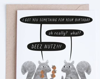 Funny Birthday Cards Instant Download, Printable Birthday Card for Friends, Deez Nutz Squirrels Birthday Illustration, For Her, For Him