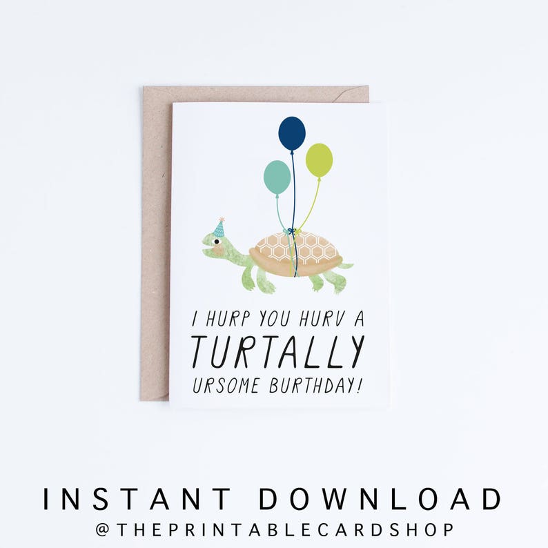 Printable Birthday Cards, Funny Turtle Birthday Cards Instant Download, Quirky Humor, Derp, Turtle Illustration, For Her, Him, For Friend image 1