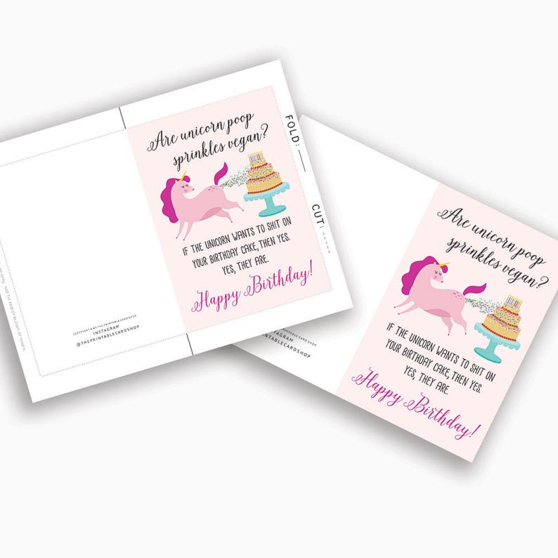 Printable Birthday Cards, Funny Vegan Birthday, Unicorn Poop Sprinkles, For Her, Friend, Sister, Girlfriend, Wife, Vegetarian Card, Modern image 2