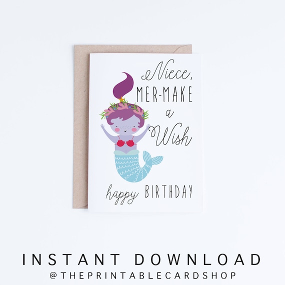 printable mermaid birthday cards niece birthday cards instant etsy