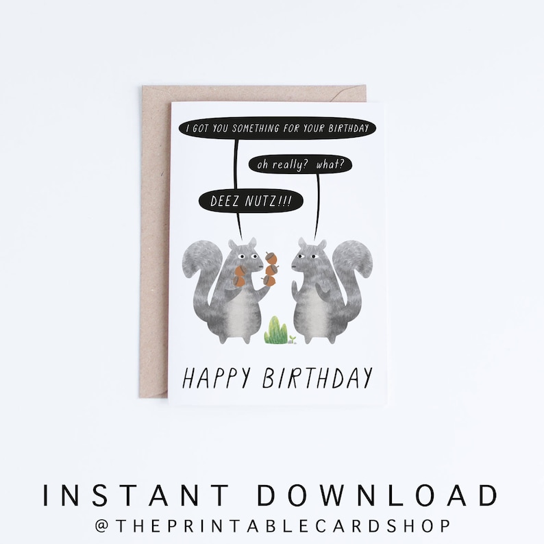 Funny Birthday Cards Instant Download, Printable Birthday Card for Friends, Deez Nutz Squirrels Birthday Illustration, For Her, For Him image 1