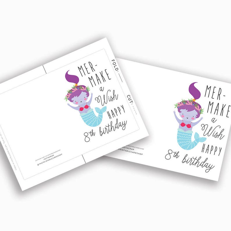 Printable Mermaid Birthday Cards, Girls 8th Birthday Cards Instant ...