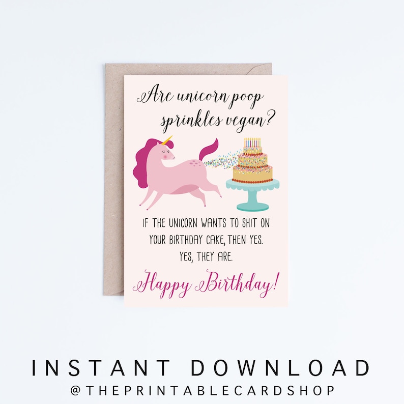 Printable Birthday Cards, Funny Vegan Birthday, Unicorn Poop Sprinkles, For Her, Friend, Sister, Girlfriend, Wife, Vegetarian Card, Modern image 1