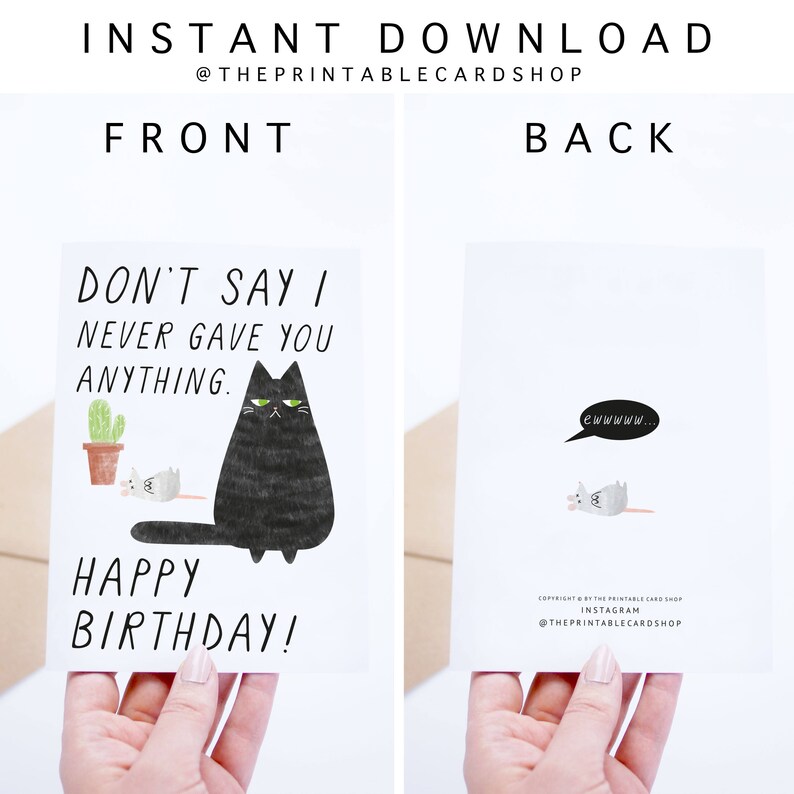 Cat Birthday Cards Instant Download, Funny Printable Birthday Cards, Black Cat Illustration, For Her, For Him, For Friend, Cat Lovers image 2