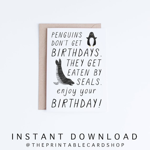 funny birthday cards instant download penguin printable etsy uk
