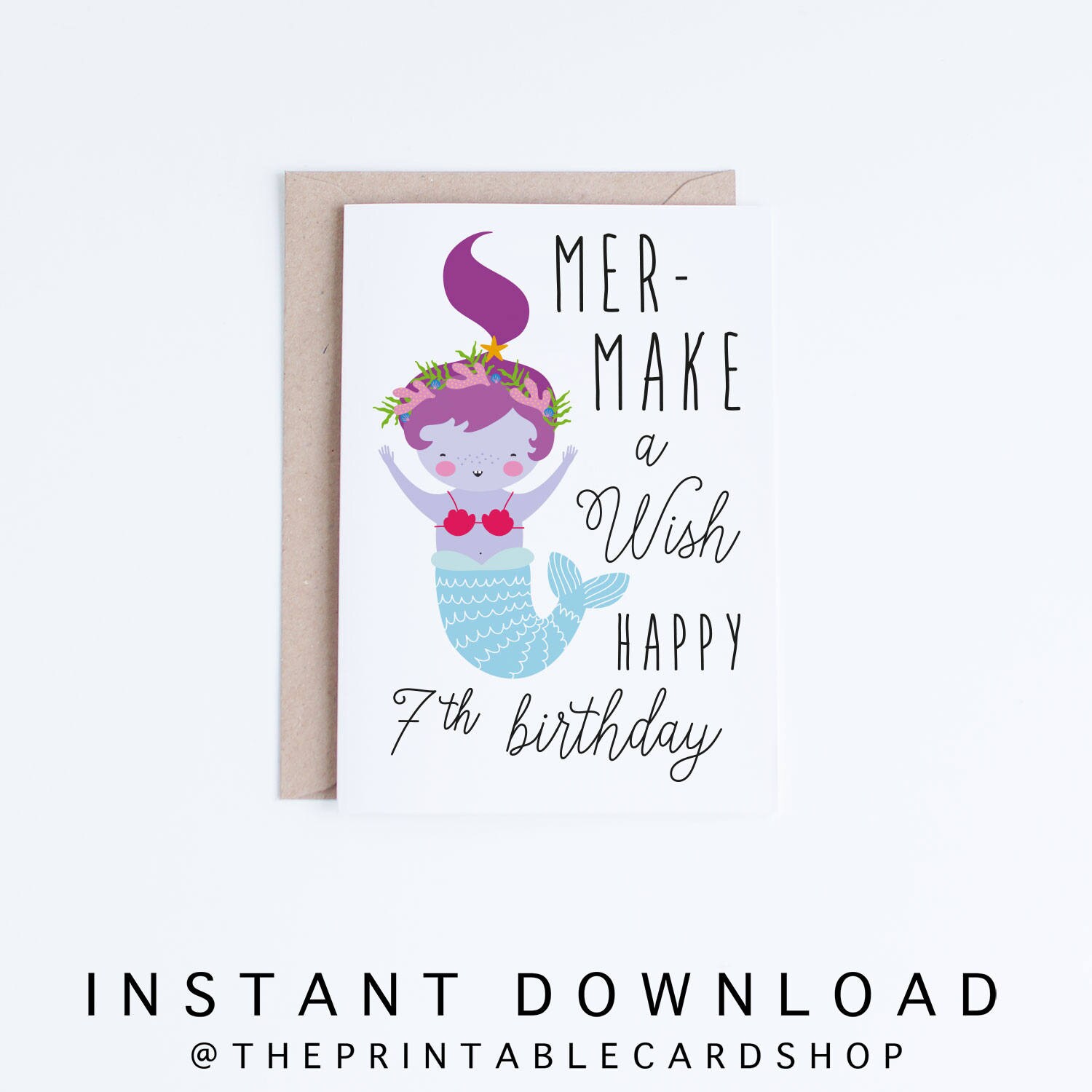 Printable Mermaid Birthday Cards Girls 7th Birthday Cards - Etsy
