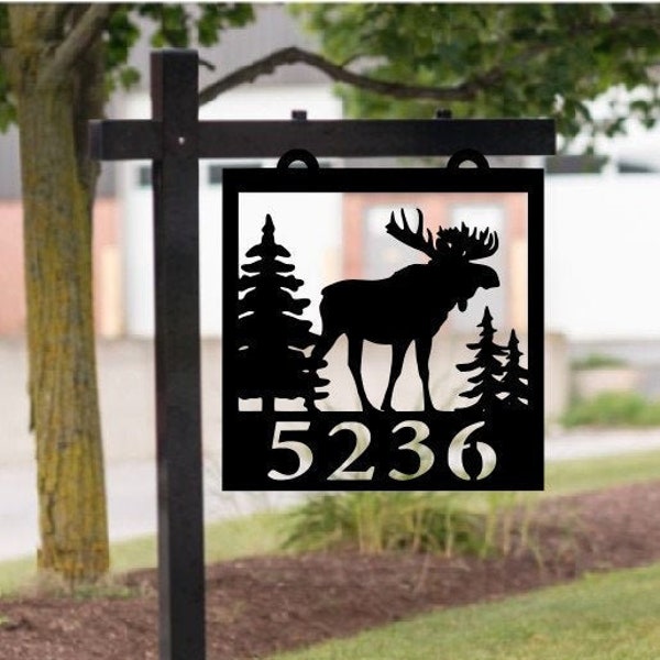 Rustic Moose House Number Sign, address sign, cabin sign, hanging sign, metal address sign, moose decor