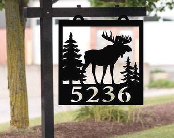 Rustic Moose House Number Sign, address sign, cabin sign, hanging sign, metal address sign, moose decor
