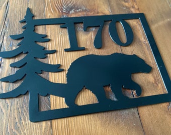 Rustic Bear House Number Sign, metal address sign, house number plaque, cabin sign