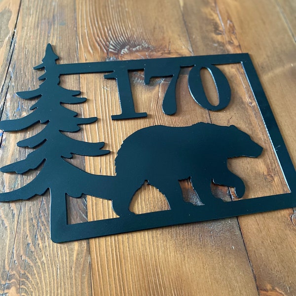 Rustic Bear House Number Sign, metal address sign, house number plaque, cabin sign