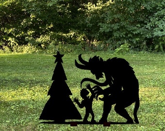 Christmas Krampus Scene Silhouette, Metal Yard Stake or Free Standing, Shadow Caster, Christmas decor, yard art, garden art