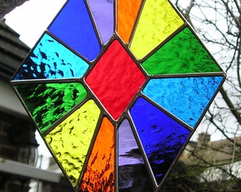 Stained Glass Rainbow Diamond Shape Suncatcher Abstract Geometric Panel Handmade in England