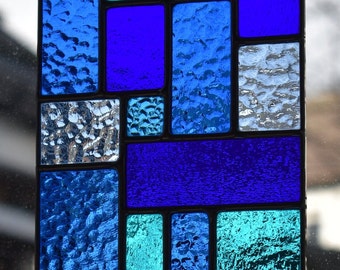 Stained Glass Abstract Geometric Panel Stained Glass Suncatcher in Shades of Blue Handmade in England