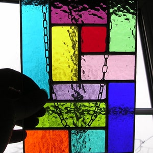 Rainbow Stained Glass Suncatcher Panel Abstract Geometric Handmade in England - &#39;The Bright One&#39; - Multi Coloured / Rainbow