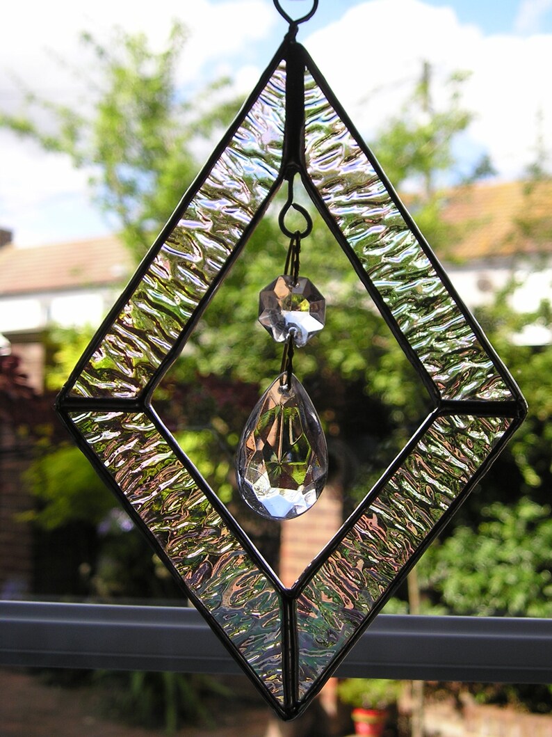 Handmade in England Stained Glass Diamond Shape Suncatcher With Hanging Crystals