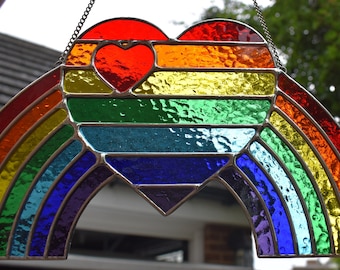 Stained Glass Rainbow with a Ruby Love Heart Inside a Rainbow Heart, Suncatcher, Handmade in England