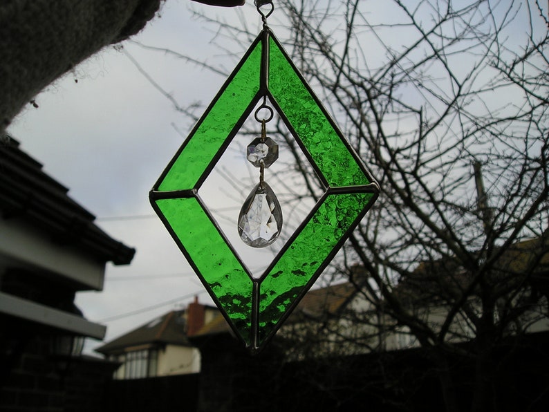 Handmade in England Stained Glass Diamond Shape Suncatcher With Hanging Crystals