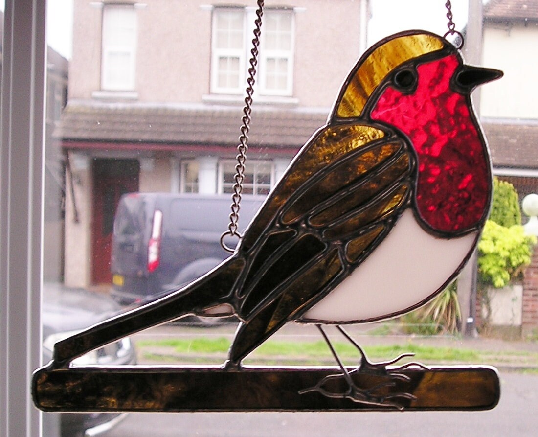 Stained Glass Robin op een tak glasinlood suncatcher Etsy Nederland