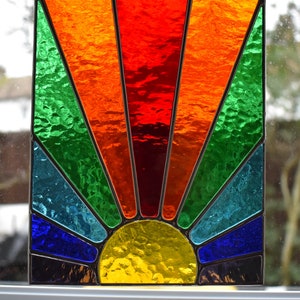 Stained Glass Rainbow Sunburst Sunrise Sunset Rainbow Stained Glass Suncatcher Panel Handmade in England