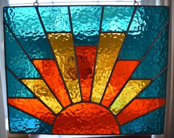 Art Deco Style Stained Glass Sunrise / Sunburst Panel / Stained