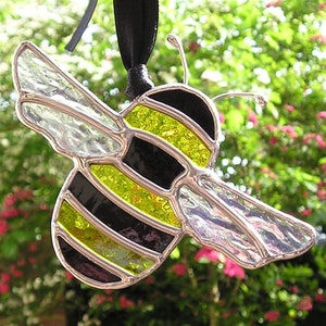 Large Chubby Stained Glass Bumble Bee Stained Glass Suncatcher Window Hanging Handmade in England