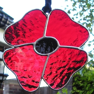 Large Red Stained Glass Poppy, Remembrance Day Lest We Forget, Stained Glass Suncatcher Handmade in England image 1