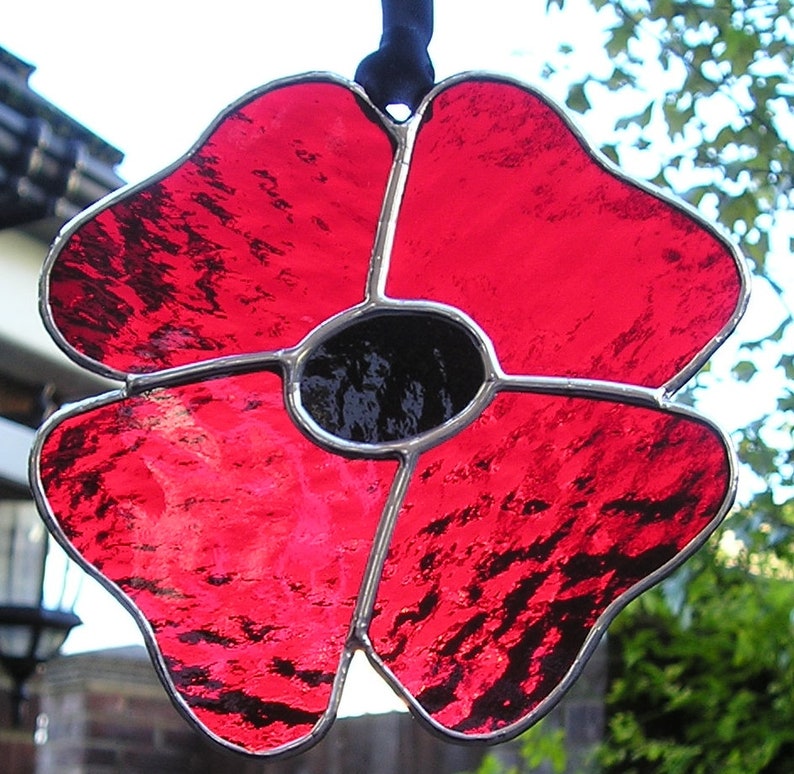 Large Red Stained Glass Poppy, Remembrance Day Lest We Forget, Stained Glass Suncatcher Handmade in England image 1