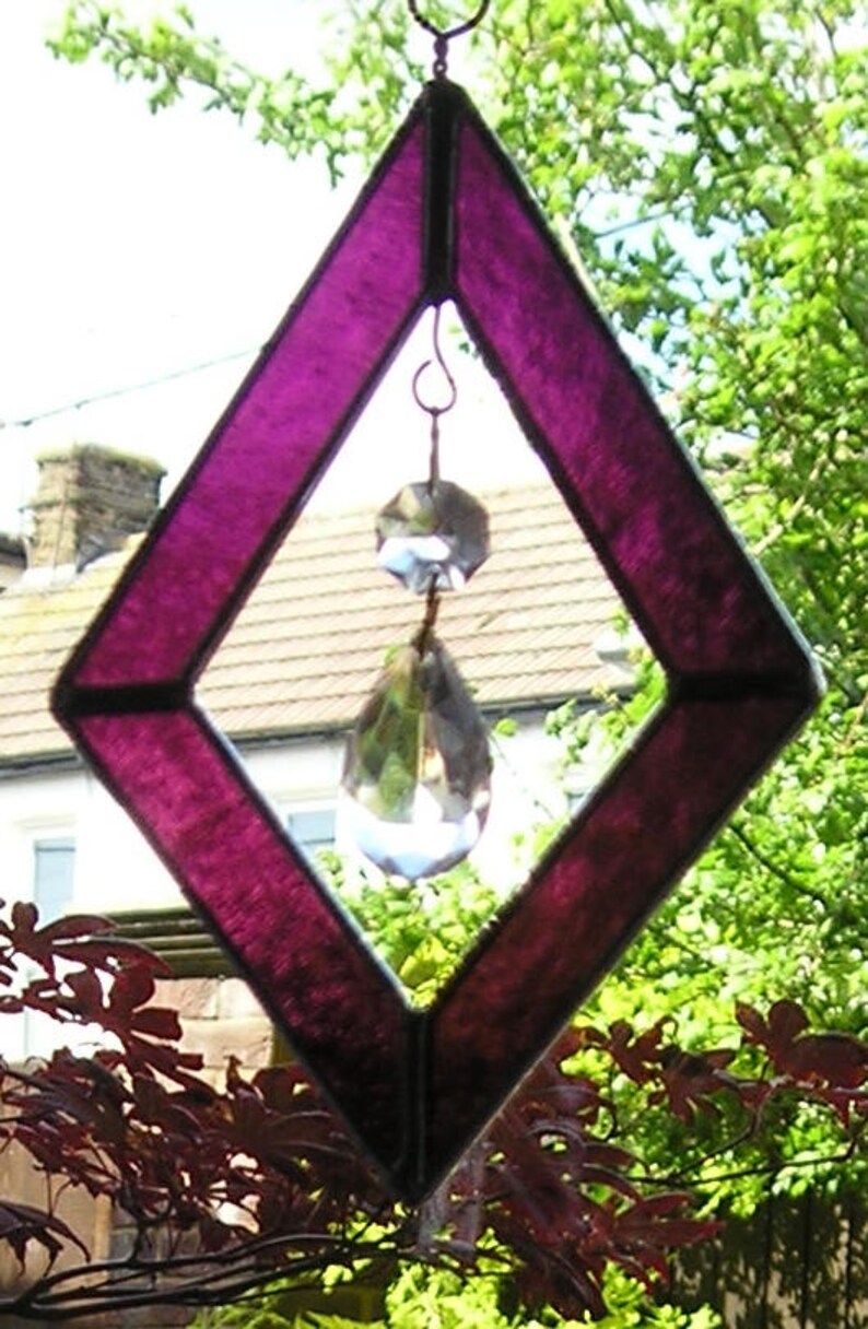 Handmade in England Stained Glass Diamond Shape Suncatcher With Hanging Crystals
