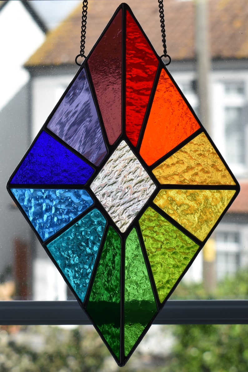 Stained Glass Diamond Shape Rainbow Suncatcher Abstract Etsy UK