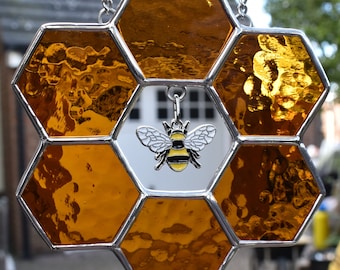 Stained Glass Honeycomb Flower with Bumble Bee Charm Stained Glass Suncatcher Handmade in England