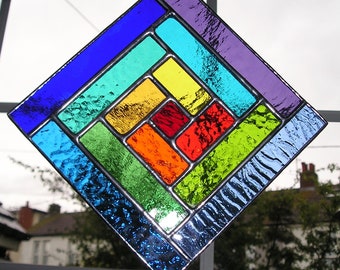 Rainbow Stained Glass Suncatcher Abstract Geometric Panel Colour Spectrum Handmade in England