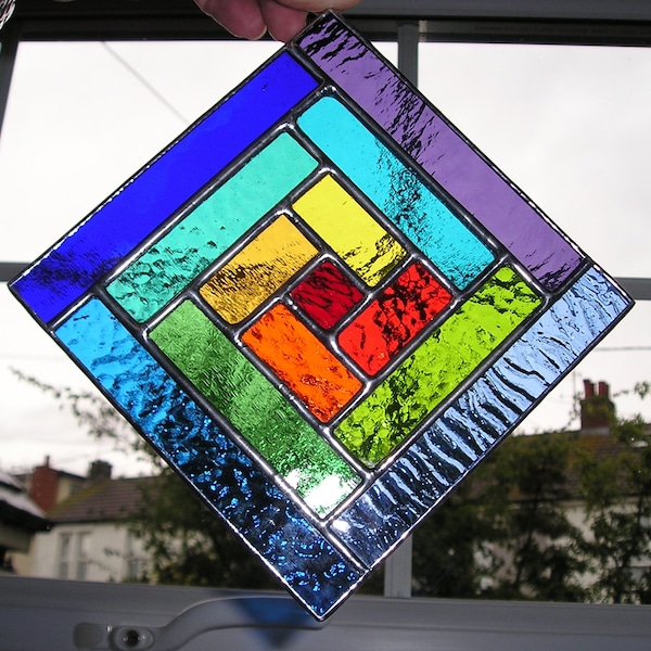 Rainbow Stained Glass Suncatcher Abstract Geometric Panel Colour Spectrum Handmade in England