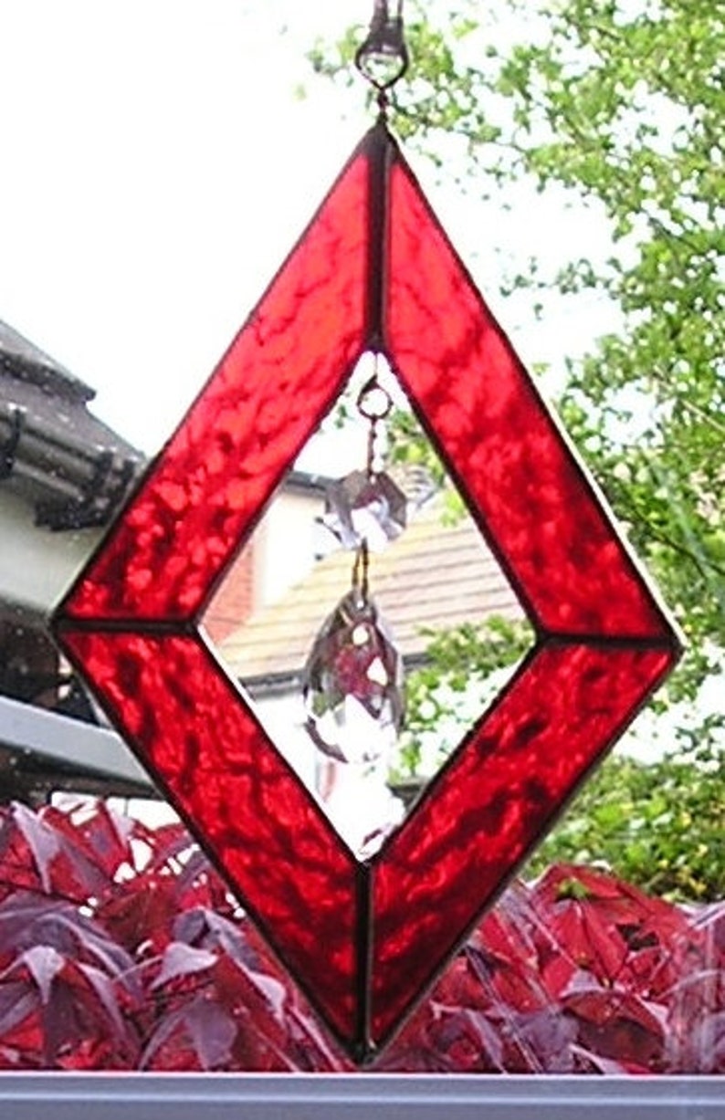 Handmade in England Stained Glass Diamond Shape Suncatcher With Hanging Crystals
