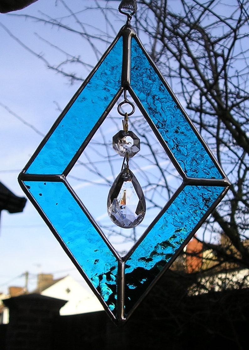 Handmade in England Stained Glass Diamond Shape Suncatcher With Hanging Crystals